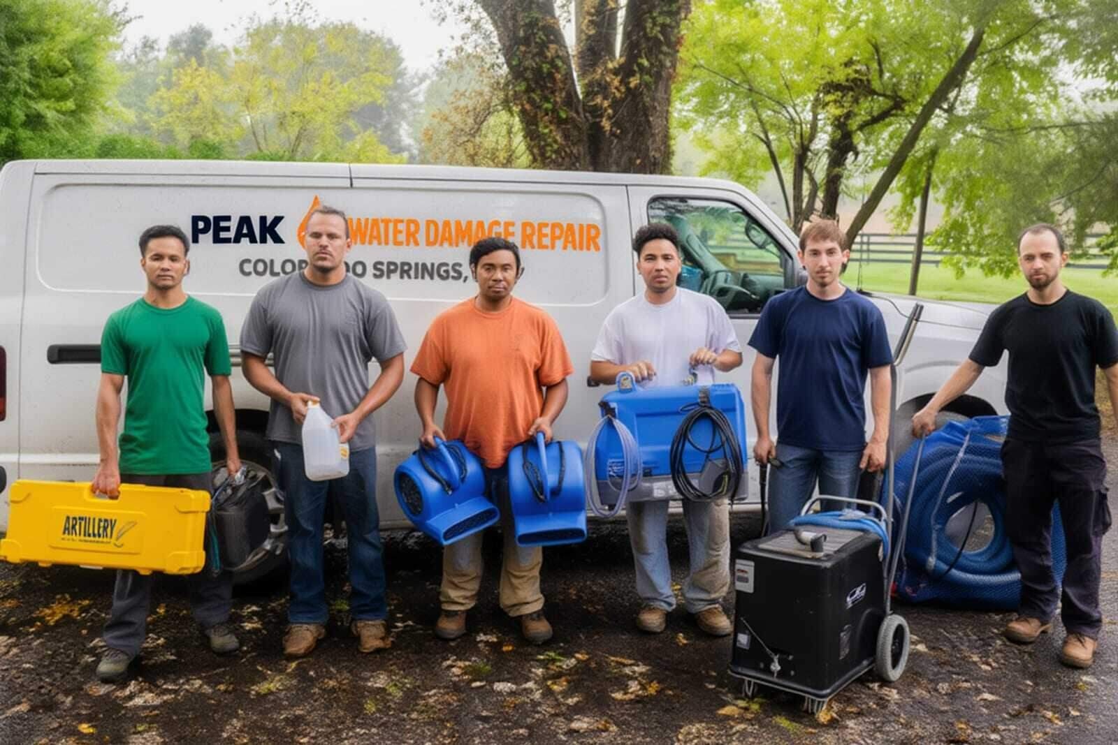 Peak Water Damage Repair team with professional restoration equipment in front of company van