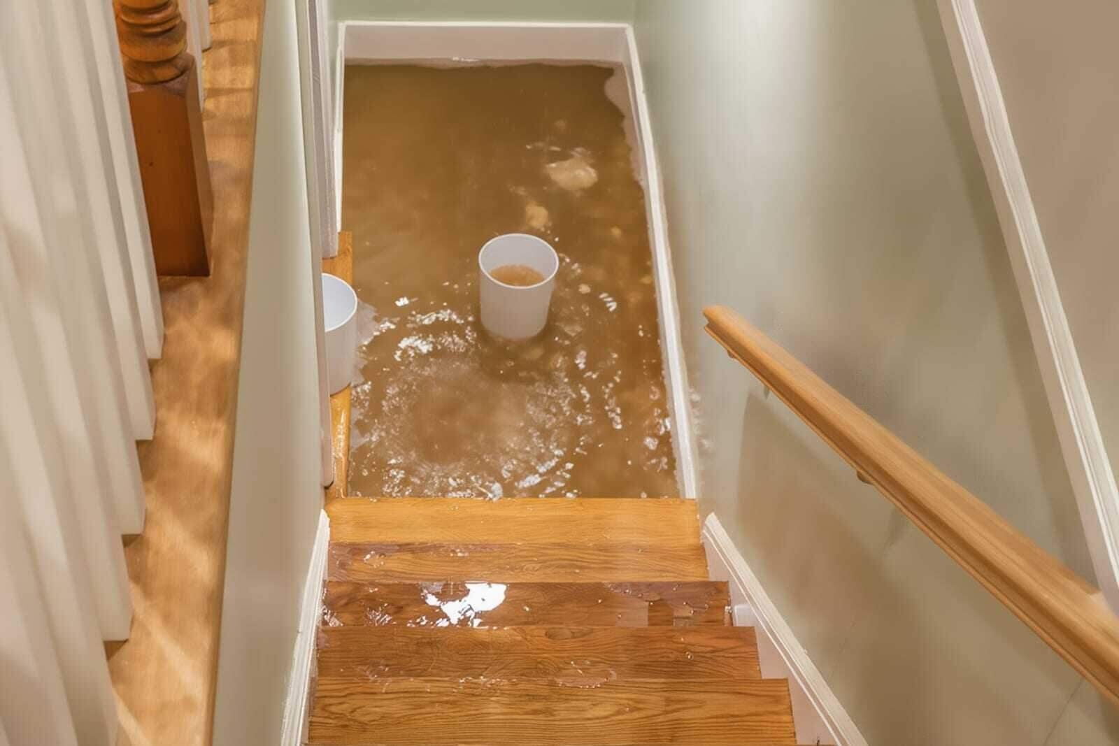 Flooded basement with standing water in Colorado Springs home