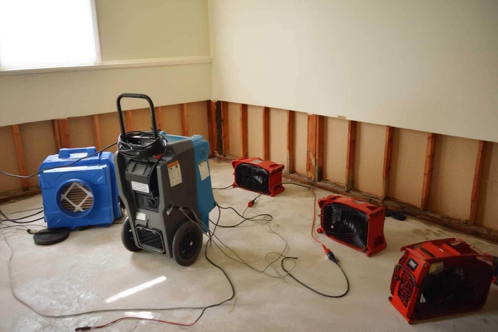 Professional basement water damage restoration with drying equipment